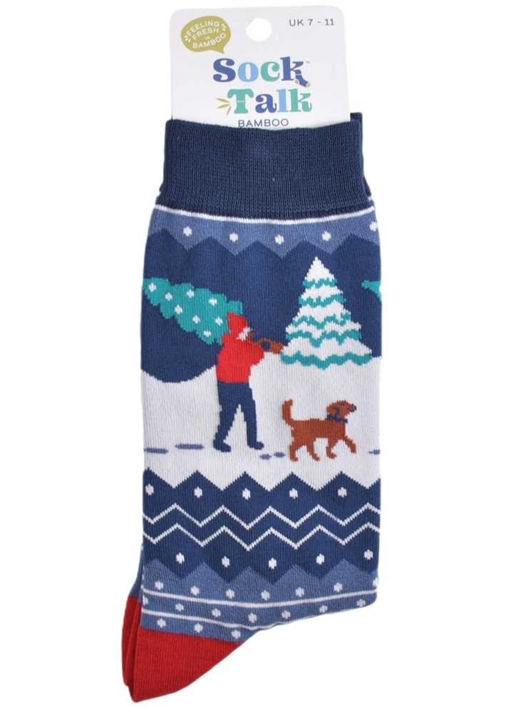 Bambustrumpor med julgran och hund, herr, från Sock Talk