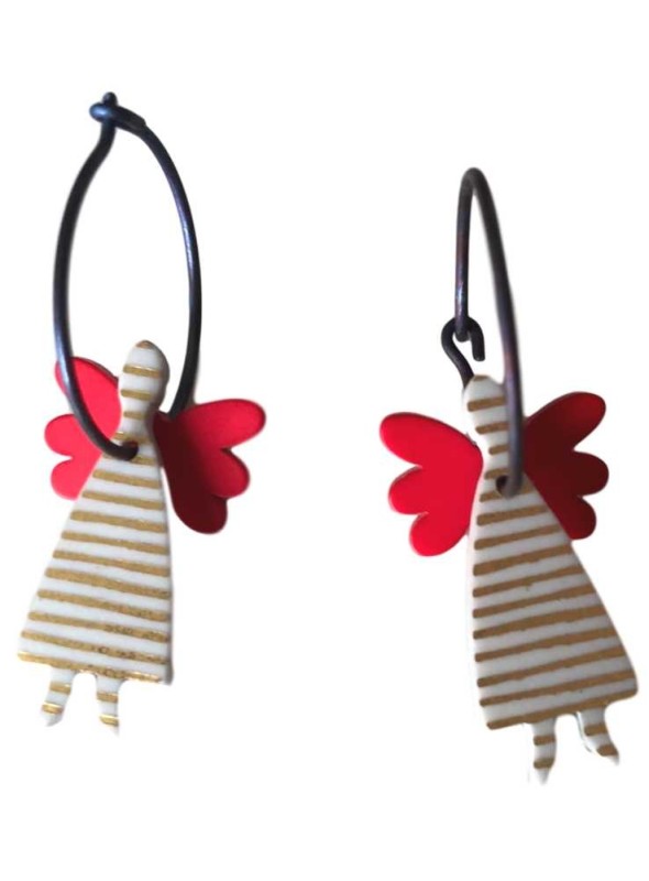 Örhängen, vit ängel med röda vingar.