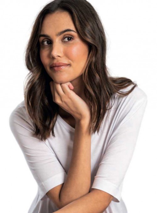 Bambu enfärgad vit damtopp, kortärmad