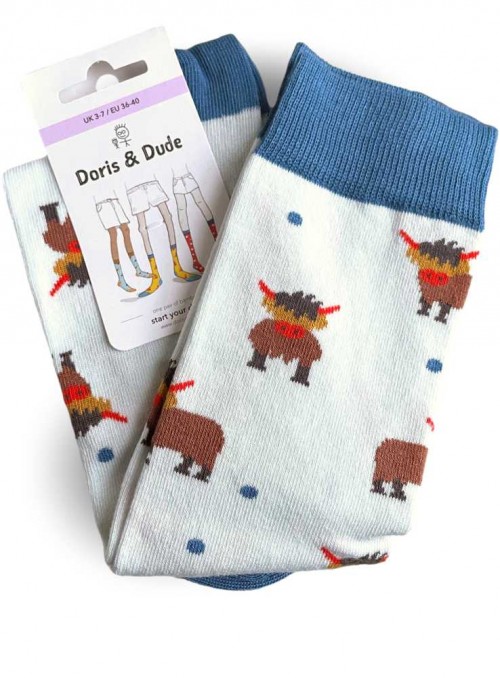 Knästrumpor av bambu Highland Cow med ekologisk bomull, handkettlad tå från Doris & Dude