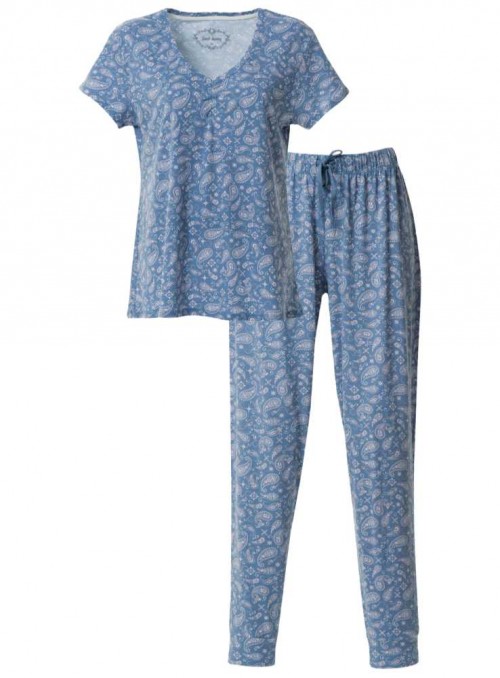 Pyjamas set av mönstra bambu, topp och byxor Blue Paisley
