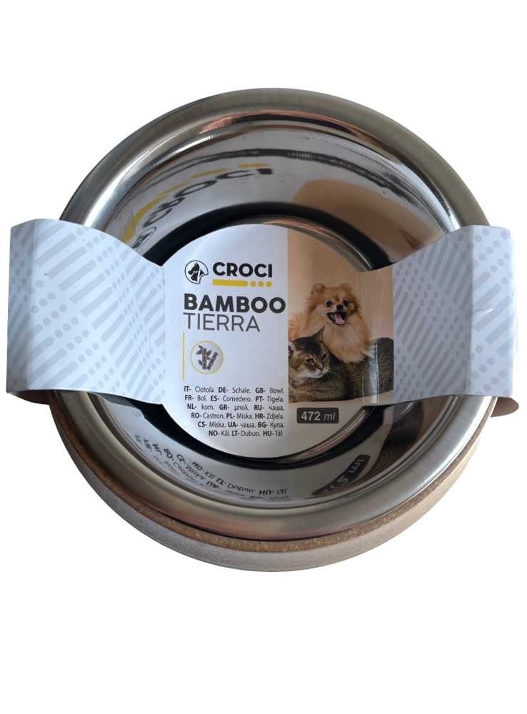 Hundskål av bambu, liten, med metallinsats
