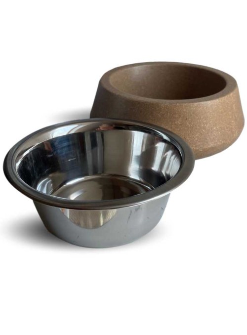 Hundskål av bambu, stor, med metallinsats