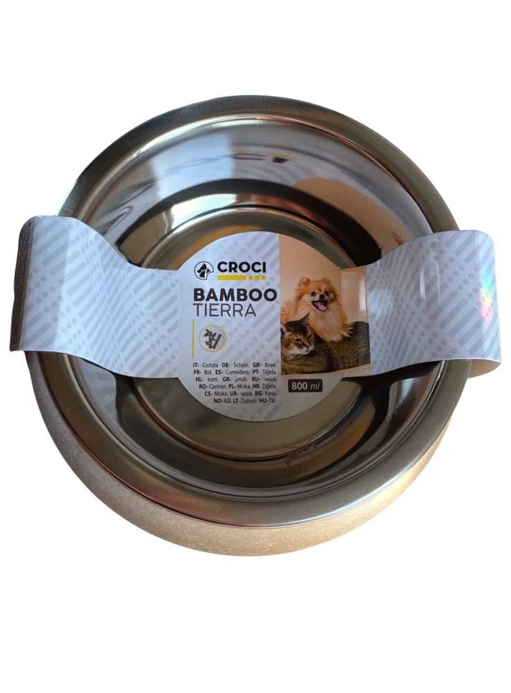 Hundskål av bambu, stor, med metallinsats